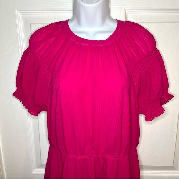 Skies Are Blue Casual Short Sleeve Smocked Sleeve Midi Dress Hot Pink M - Picture 3 of 10